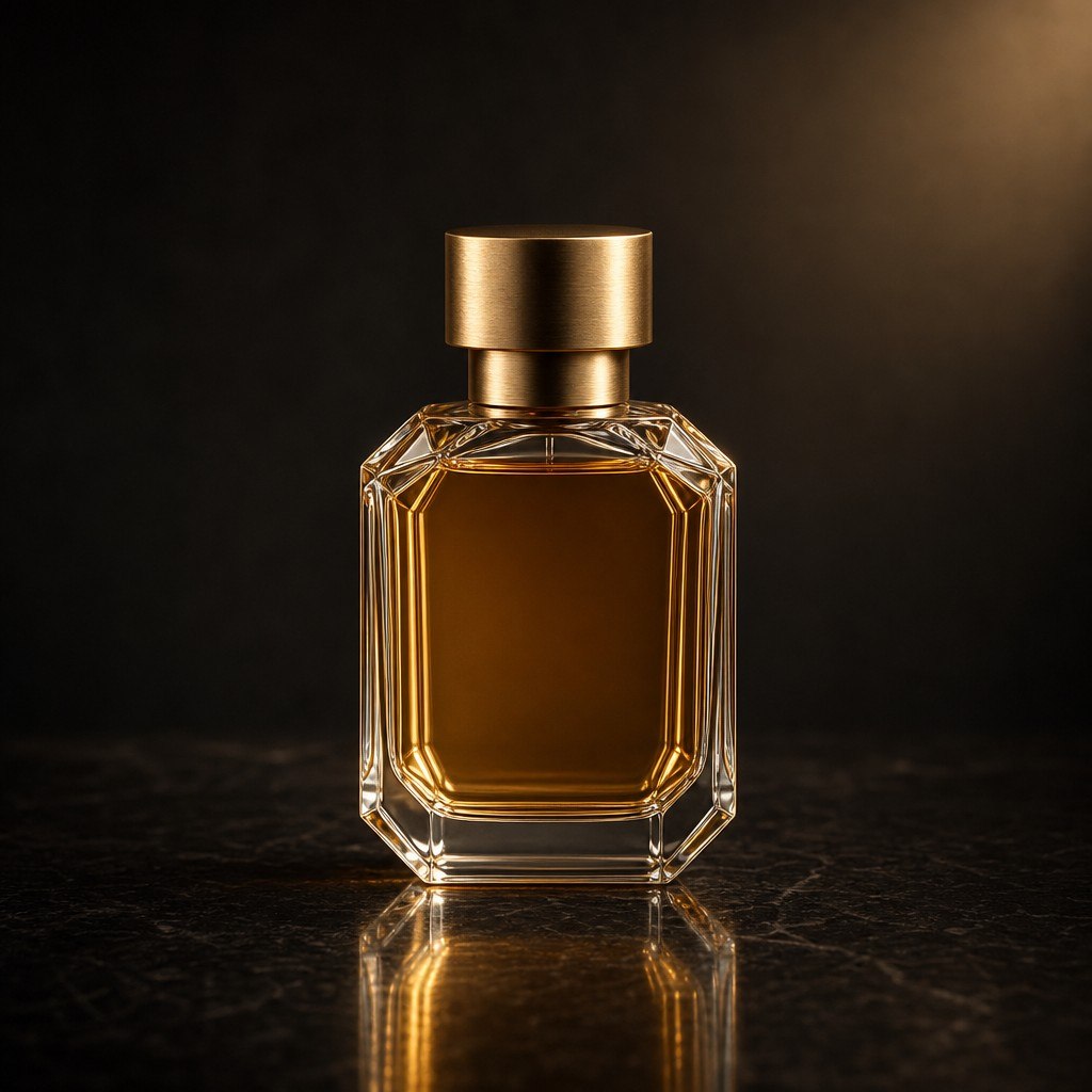 Elegant perfume bottle with warm light